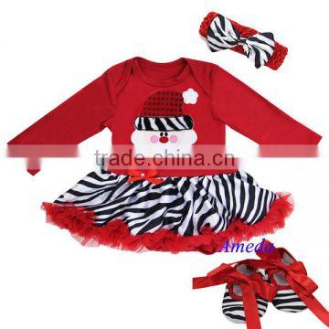 Baby Red Zebra Santa Long Sleeves Bodysuit Pettiskirt Jumpsuit Headband Crib Shoes 3pcs NB-18M