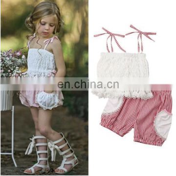 GIRL Sweet Summer Outfit Baby White Lace ruffle tops & Striped BLOOMERS 2pcs Sets
