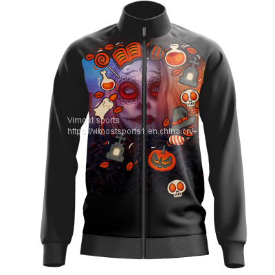 Black Custom Sublimation Jacket of Scary Woman Pattern with Black Zipper
