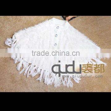 QD5415 Knitted Rabbit Fur Poncho With Fringes Pashmina Shawl Woman