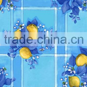 2015 Newest printed fruits and checked design peva tablecloth with lace/waved/straight edge