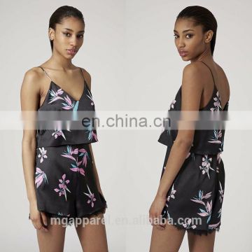 New design hot girl spaghetti strap jumpsuit club dress with leaf print overlay
