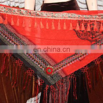 shafoon chunri print scarf with banarsi and tassle trim,3 madelion,crochet fringe