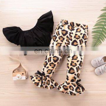 Girl's one-shoulder flashing sleeves leopard print lace pants suit