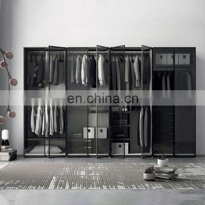 Modern bedroom glass sliding Door Wardrobe Customized solid wood Wardrobe Storage Cabinet