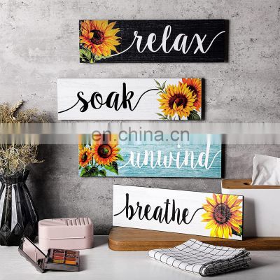 4 Pieces Wall Decor Signs Relax Soak Unwind Breathe Signs Rustic Art Sunflower Wooden Wall Plaque