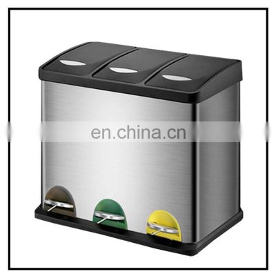 3 in 1 stainless steel foot pedal recycle bin eco-friendly recycle waste bins indoor recycling bin 3 compartments