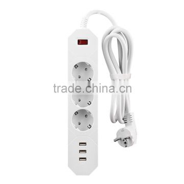 3 way german extension power strip with 3 usb port voltage protector