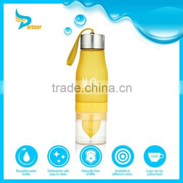 lemon fruit colored frosted water plastic bottle with string and screw cap