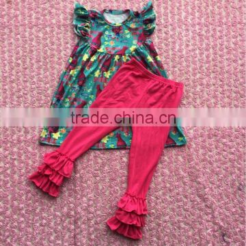 2017 High quality flutter sleeve baby troll pearl dress and hot pink triple ruffles pants outfit