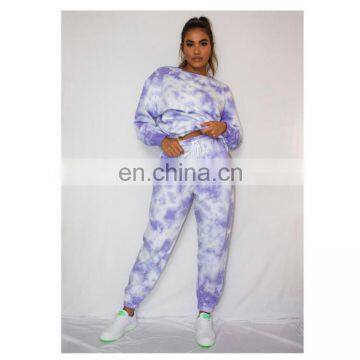 Women Custom Printing Logo Tie Dye 2 Pieces Jogger Sweat Pants Crewneck Sweatshirt Set