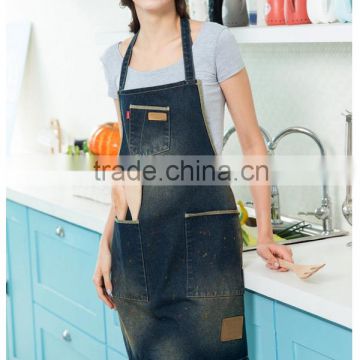 Custom unisex washed denim chef kitchen apron with pockets