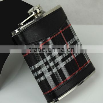 6oz Western Style Stainless Steel Hip Flask With Check Pattern Leather Covered