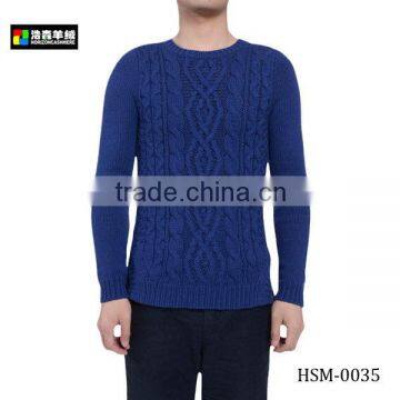 Thick Wool Cashmere Knit Sweater, Men Royal Blue Handmade Knit Sweater