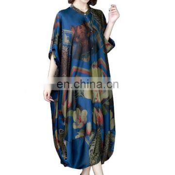 TWOTWINSTYLE Vintage Print Women's Dress Stand Collar Batwing Half Sleeve Plus Size Loose Dresses