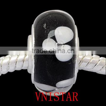 Vnistar silver plated single core broadside black glass beads with white flowers PGBW004, size in 6*12mm