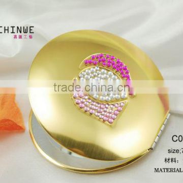 Small round Foldable makeup mirror/ handheld professional aluminum makeup mirror with rhinstones