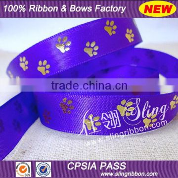 Wholesale 13mm Dog Paw Gold Foil Printed Satin Ribbon