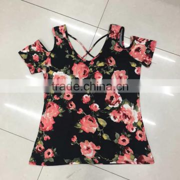 women low price sexy cold shoulder floral print tight t-shirt