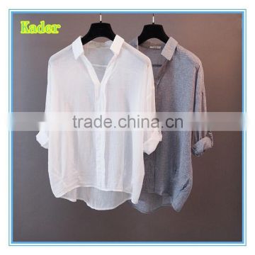 Custom cheap high quality linen long sleeve shirt women long loose shirt