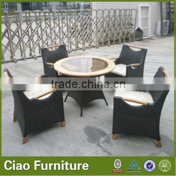 outdoor leisure rattan table and chair with teakwood top