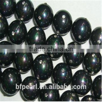 Pearl Jewelry 16" 16mm Black Loose Shell Pearl with 4 Crystal Beads