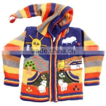LONG HOODED CARDIGAN WITH 3D APPLICATIONS OF MOUNTAIN DESIGN
