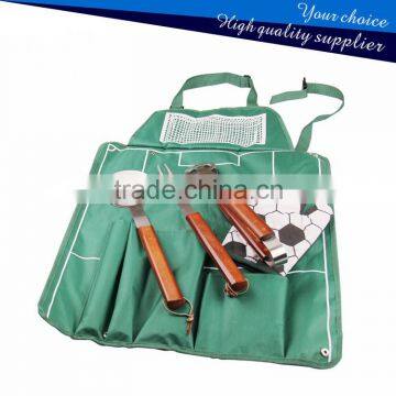 Hot sell 4pcs Wooden Handle football bbq tools with apron/3pcs set bbq tool with cloth bag