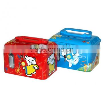 Tinplate money box with handle and lock/carton design/square shape