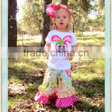 Sweet Rabbit Top with Double Ruffle Pants Long or Short Sleeved Applique White Shirt & Floral Ruffle Pant Kids Girls Clothing
