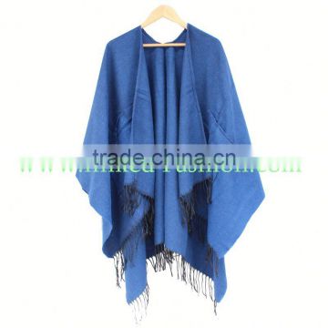 Grey and white striped knit pure mongolian cashmere scarf poncho for ladies