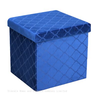 Foldable storage pressed velvet ottoman-Blue