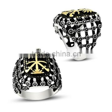 925K Silver Art Design Saudi Arabia Palm Tree Sword Men Flower Cage Ring