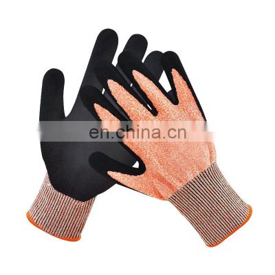 Fluorescent orange Cut Resistant HPPE Glass Fiber Gloves Nitrile Coating on Palm work safety garden gloves