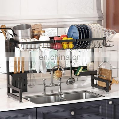Dish Rack Sink Shelf, Expandable Large Stainless Steel Dish Drainer for Kitchen Counter Organizer Space Saver with 8 Hooks
