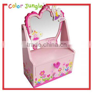 2 drawers wooden jewelry storage box with turnover mirror for kids