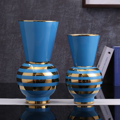 Trumpet Large Creative Blue Gold Gild Stripe Jingdezhen Ceramic Flower Vase For Living Room