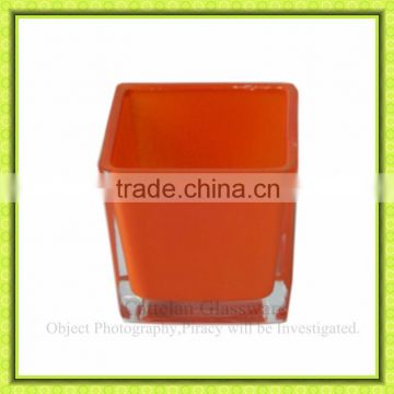 Square bottom orange colored glass vase,glass flower terrarium,garden ornament