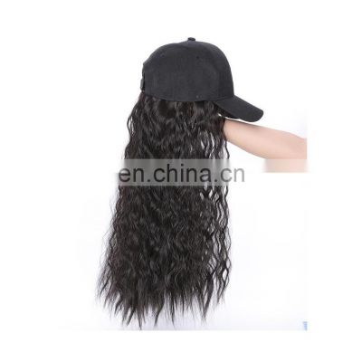 24 Inch Long Wavy Synthetic Hair Wig With Hat Hot Style Black Color For Woman High Temperature