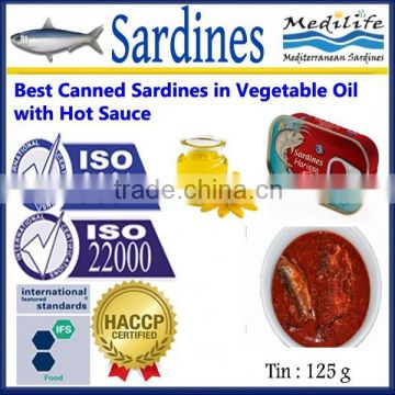 Best Canned Sardines in Vegetable Oil with Hot Sauce, High Quality Sardines ,Sardines in cans with Hot Sauce125g
