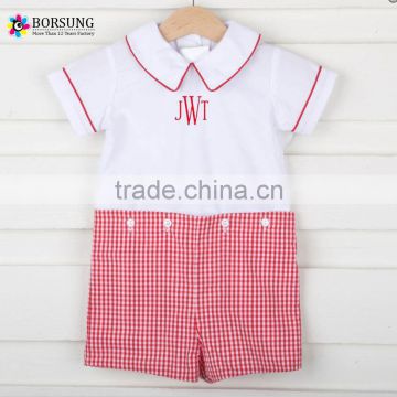 Kids boutique clothing cotton short sleeve doll neck embroidery with red pleated shorts set for baby boy clothes