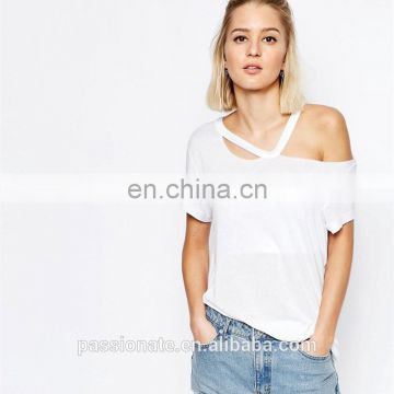 Cut-out fashion one shoulder loose white sheer t-shirt