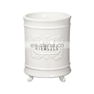 New Custom embossed White handmade kitchen ceramic canister utensils holder