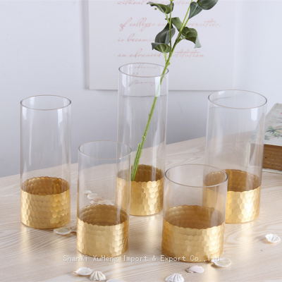 Home Luxury Wedding Centerpiece Decorative Electroplate Golden Crystal Cylinder Glass Flower Tabletop Vase Pot