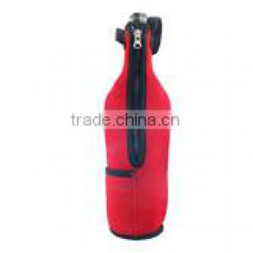Red single neoprene beer bottle cooler with zipper and handle