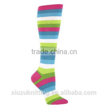 Pink green and blue bright colored stripe knee high socks