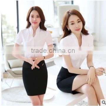 2017 korean design pure color short sleeve polyester & cotton mix ladies tops fashion women blouse