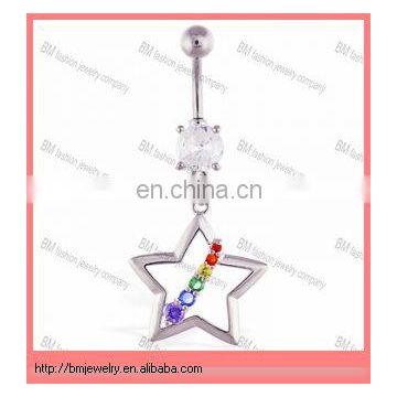 Navel ring with dangling hollow star and rainbow gems belly piercing jewelry in stainless steel with crystal