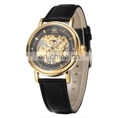 SEWOR 606 Men Leather Hand Winding Mechanical Watch Original Hollow Skeleton Casual Fashion Brand Watches