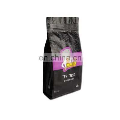 eco friendly matt black front zip lock side gusset foil coffee bags with valve empty tea dust powder packaging bag